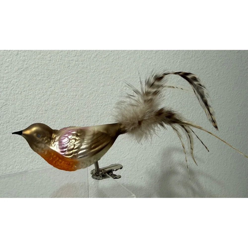 Vtg Painted Multicolor Glass Bird ClipOn Christmas Ornament Feather Tail 7.5 Inc